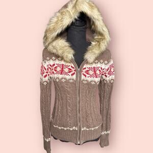 Y2K Aeropostale Fur Hoodie Snowflake Winter Snow Bunny Bimbo Medium Brown Jacket